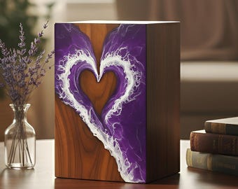 Handcrafted Ocean Resin Heart Urn, Wooden Memorial Keepsake
