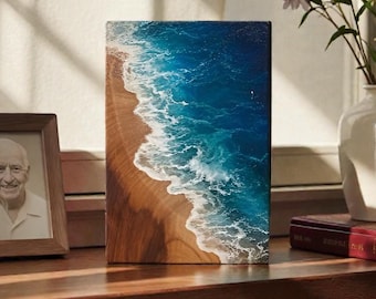Urna de resina de madera artesanal / Recuerdo conmemorativo de olas del océano, regalo de condolencia personalizado