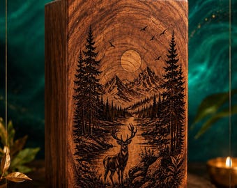 Handcrafted Wooden Cremation Urn: Deer Mountain Engraved Memorial Keepsake Box