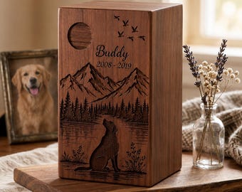 Personalized Wooden Dog Urn, Custom Pet Memorial Box, Engraved Keepsake Ashes Container