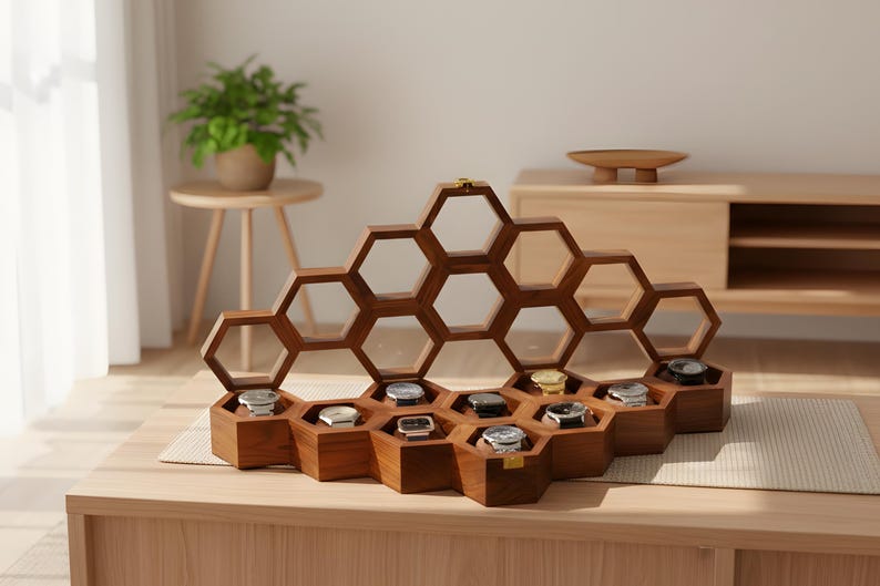 Handcrafted Rosewood Honeycomb Watch Box, Luxury Watch Display Case (14-16 Slots) image 18