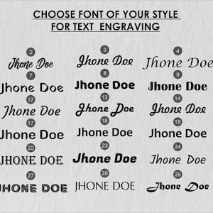 May include: A selection of 30 different font styles for text engraving, with the name "Jhone Doe" displayed in each style. The text "CHOOSE FONT OF YOUR STYLE FOR TEXT ENGRAVING" is at the top of the image.