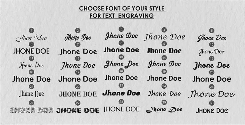 May include: A selection of 30 different font styles for text engraving, with the name "Jhone Doe" displayed in each style. The text "CHOOSE FONT OF YOUR STYLE FOR TEXT ENGRAVING" is at the top of the image.