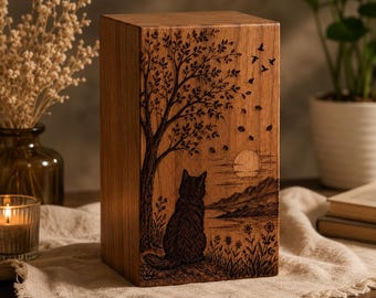 Engraved Wooden Cat Memorial Urn, Rosewood Pet Ashes Box, Custom Keepsake Memorial