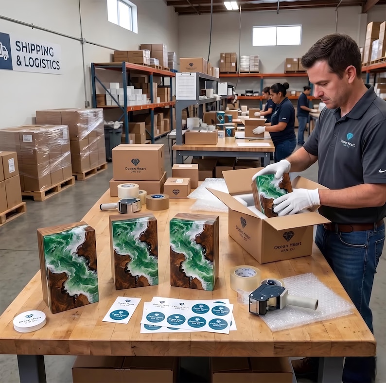 May include: A warehouse scene shows a man packing a wooden block with green and white resin into a cardboard box. Several similar blocks are on the table, along with tape and stickers. The boxes are labeled "Ocean Heart USA CO."