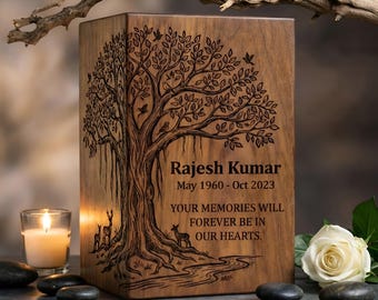 Urna de palisandro grabada a medida / Caja conmemorativa del Árbol de la Vida, Urna de cremación de recuerdo
