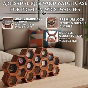 May include: Artisanal rosewood watch case for premium wristwatches. The case features a honeycomb design with individual compartments for each watch. Each compartment has a glass top. The case is designed to keep watches stable and safe.