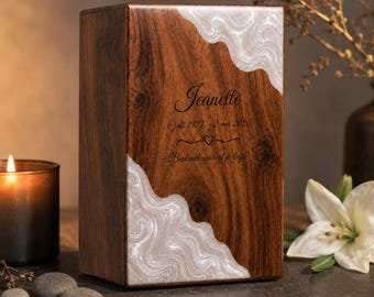 Personalized Walnut Cremation Urn, white Resin Memorial Keepsake, Custom Engraved Ashes Box