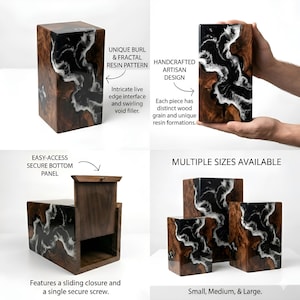 May include: Handcrafted artisan design wooden box with a unique burl and fractal resin pattern. Features a sliding closure and secure bottom panel. Available in small, medium, and large sizes. Each piece has distinct wood grain and unique resin formations.