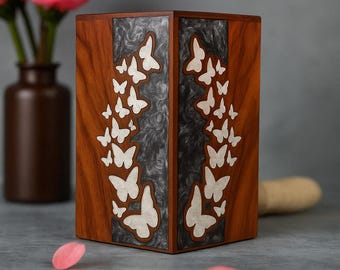 Handmade Wooden Cremation Urn – Butterfly Inlay, Funeral Keepsake