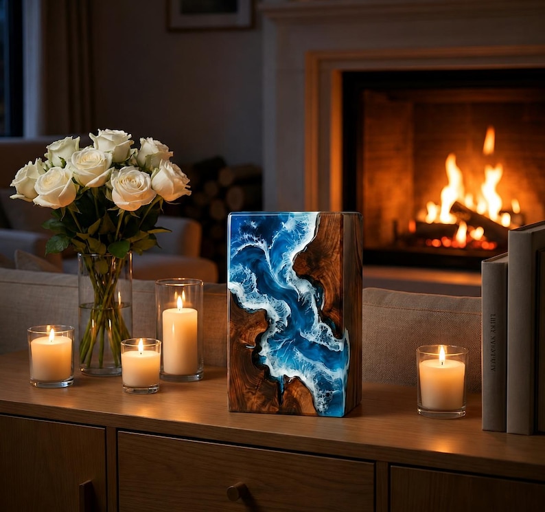 Handmade Resin Wood Urn Box, Modern Memorial Keepsake, Artistic Wooden Cremation Ashes Container image 4