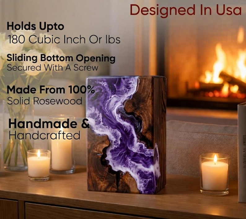 May include: A handmade, solid rosewood urn with a sliding bottom opening, secured with a screw. The urn features a unique design with a purple and white resin river flowing through the wood. Holds up to 180 cubic inches or lbs. Designed in the USA.
