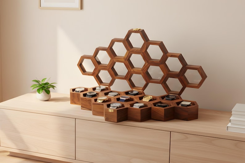 Handcrafted Rosewood Honeycomb Watch Box, Luxury Watch Display Case (14-16 Slots) image 6