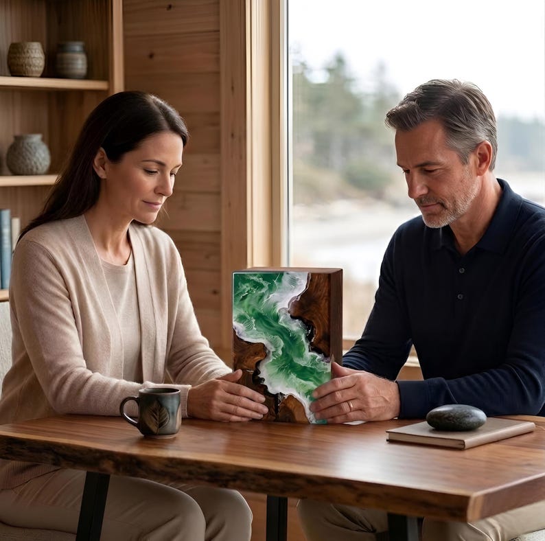 May include: A wooden urn with a green and white resin design. The urn is rectangular with a dark wood finish on the sides. The resin design resembles a flowing river or ocean waves. The urn is on a wooden table.