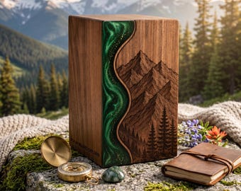 Handmade Wooden Urn | Green Resin River, Mountain Engraving Memorial Box