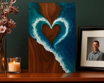 Urna funeraria artesanal de madera de sheesham con incrustaciones de resina en forma de corazón oceánico y caja conmemorativa.