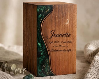Personalized Walnut Cremation Urn, Emerald Green Resin Memorial Box, Custom Engraved Keepsake
