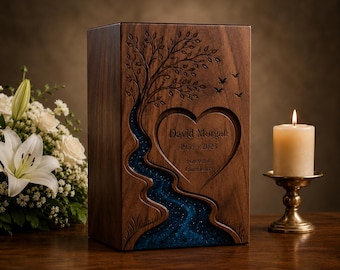 Walnut Wood Cremation Urn, Blue Resin River Keepsake, Custom Engraved Tree of Life Urn