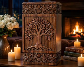 Urna funeraria de madera Árbol de la Vida / Caja conmemorativa de palo de rosa indio