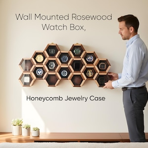 May include: Wall-mounted rosewood watch box with a honeycomb design. The watch box has multiple hexagonal compartments, each holding a watch. The text "Wall Mounted Rosewood Watch Box, Honeycomb Jewelry Case" is displayed above and below the watch box.