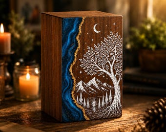Handmade Wooden Urn, Blue Resin River, Tree of Life Engraving, Memorial Keepsake Box