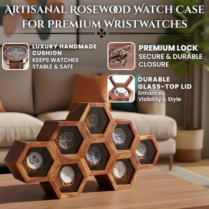 May include: Artisanal rosewood watch case for premium wristwatches. The case has a honeycomb design with individual compartments for each watch. Each compartment has a glass top for visibility. The case features a luxury handmade cushion and a premium lock for secure closure.