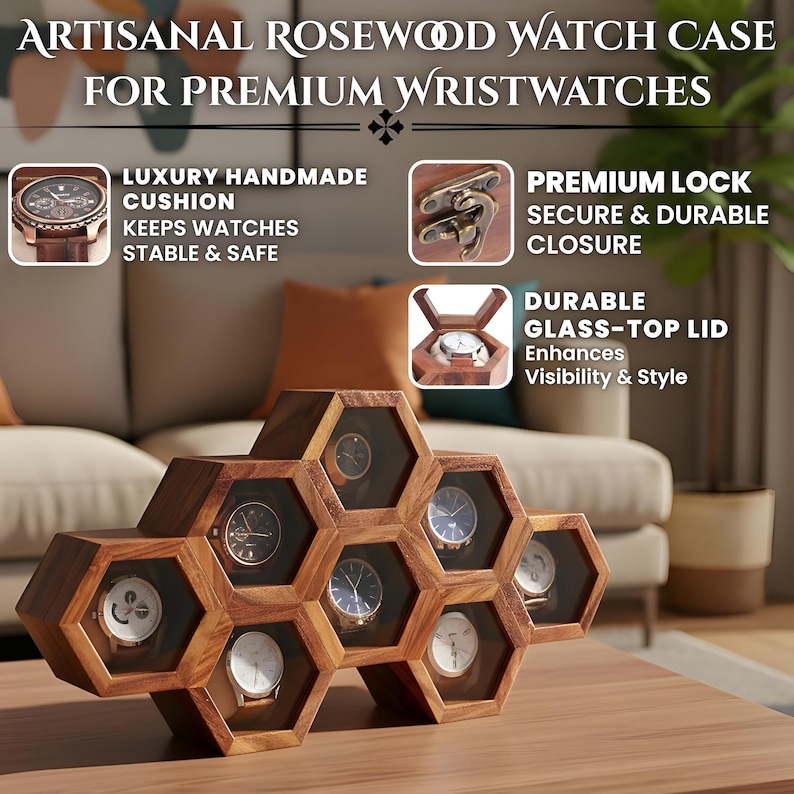 May include: Artisanal rosewood watch case for premium wristwatches. The case has a honeycomb design with individual compartments for each watch. Each compartment has a glass top for visibility. The case features a luxury handmade cushion and a premium lock for secure closure.
