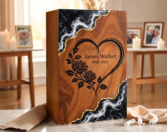 Personalized Wooden Cremation Urn, Heart Rose Engraved Keepsake Box
