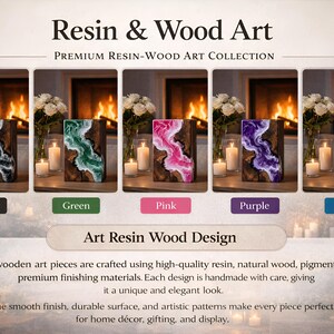 May include: Resin and wood art pieces in black, green, pink, purple, and blue. Each piece features a unique resin design within a wooden frame. The collection is handmade and suitable for home decor and gifting.
