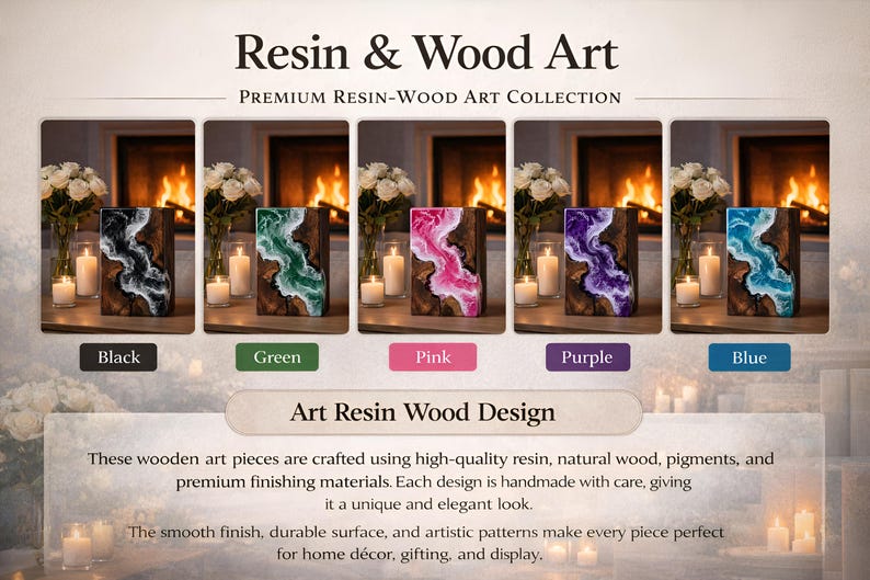 May include: Resin and wood art pieces in black, green, pink, purple, and blue. Each piece features a unique resin design within a wooden frame. The collection is handmade and suitable for home decor and gifting.