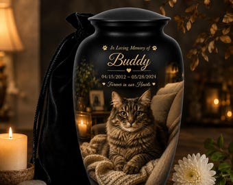 Personalized Cat Memorial Urn | Custom Photo Engraved Pet Ashes Keepsake
