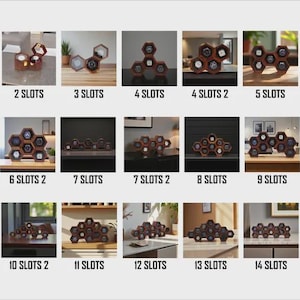 May include: A collection of wooden watch display cases in various configurations, from single-watch holders to multi-watch organizers. Each case features a hexagonal design and is displayed with the number of slots it holds.