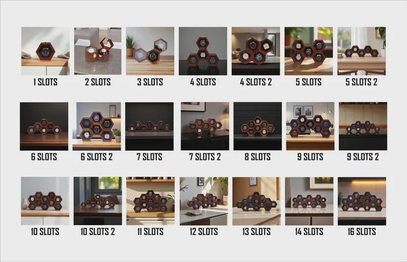 May include: A collection of wooden watch display cases in various configurations, from single-watch holders to multi-watch organizers. Each case features a hexagonal design and is displayed with the number of slots it holds.
