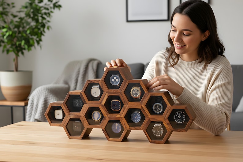 Handcrafted Rosewood Honeycomb Watch Box, Luxury Watch Display Case (14-16 Slots) image 5