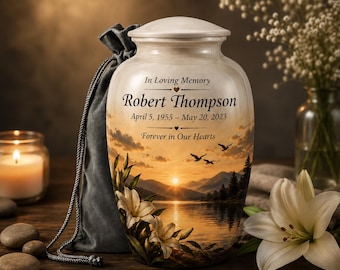 Personalized Aluminum Cremation Urn, Sunset Lake Memorial Tribute, Custom Engraved Keepsake
