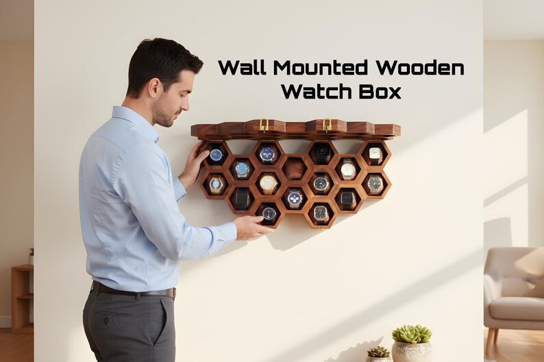 Handcrafted Rosewood Honeycomb Watch Box, Luxury Watch Display Case (14-16 Slots) Wall Mounted
