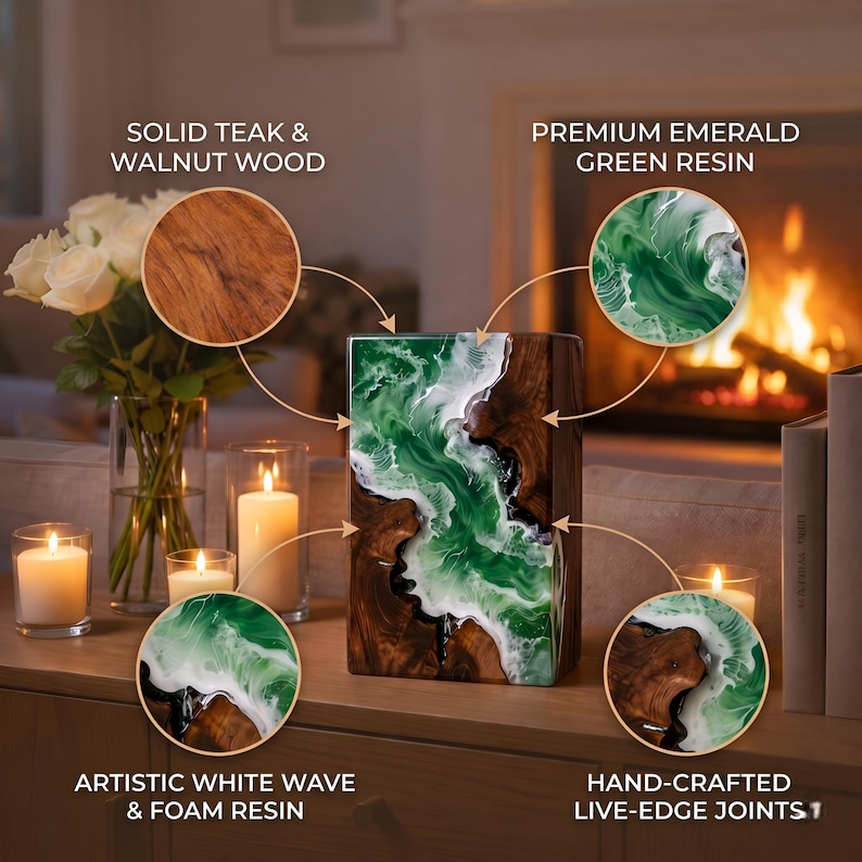 May include: A rectangular wooden art piece with a combination of solid teak and walnut wood, and premium emerald green resin. The design incorporates artistic white wave and foam resin, with hand-crafted live-edge joints. The text in the image reads: "SOLID TEAK & WALNUT WOOD", "PREMIUM EMERALD GREEN RESIN", "ARTISTIC WHITE WAVE & FOAM RESIN", and "HAND-CRAFTED LIVE-EDGE JOINTS 1".