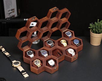 Caja para relojes de palisandro con diseño de panal: organizador de almacenamiento de madera de estilo vintage.