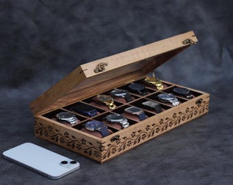 Caja de madera para relojes hecha a mano con tapa de cristal: diseño floral tallado, organizador de 6 compartimentos
