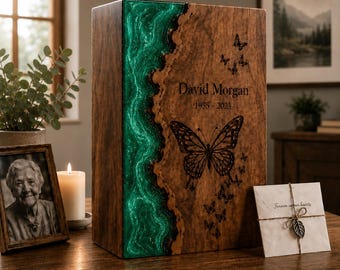 Personalized Butterfly Cremation Urn, Green Resin River Memorial Box, Rosewood Ashes Urn