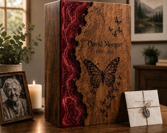 Personalized Wooden Cremation Urn, Red Resin River Butterfly Memorial Box