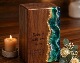 Personalized Wood Ocean Resin Urn, Custom Memorial Keepsake, Human Ashes Cremation Urn
