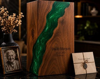 Personalized Walnut Epoxy River Cremation Urn, Emerald Green Resin Memorial Keepsake
