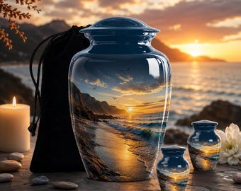 Ocean Sunset Cremation Urn – Coastal Beach Memorial Tribute, Personalized Aluminum Keepsake