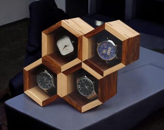 Handgefertigte Wabenuhrenbox aus Holz: Uhrenorganizer mit 4 Steckplätzen
