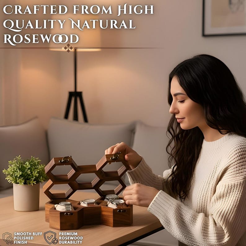 May include: A rosewood watch display case with a honeycomb design. The case has multiple compartments for storing watches. The text on the image says "Crafted from High Quality Natural Rosewood". The case is on a wooden table.