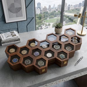 Rosewood Honeycomb Watch Box Organizer, Wall Mounted Display Case