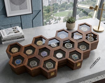 Handcrafted Rosewood Honeycomb Watch Box, Luxury Watch Display Case (14-16 Slots)
