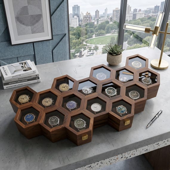 Handcrafted Rosewood Honeycomb Watch Box, Luxury Watch Display Case (14-16 Slots)