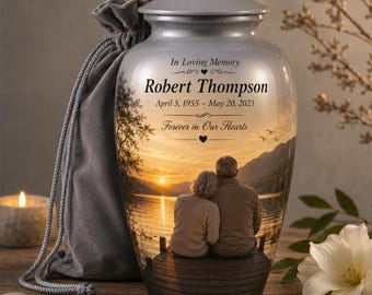 Personalized Photo Cremation Urn, Sunset Lake Memorial Keepsake, Aluminum Urn